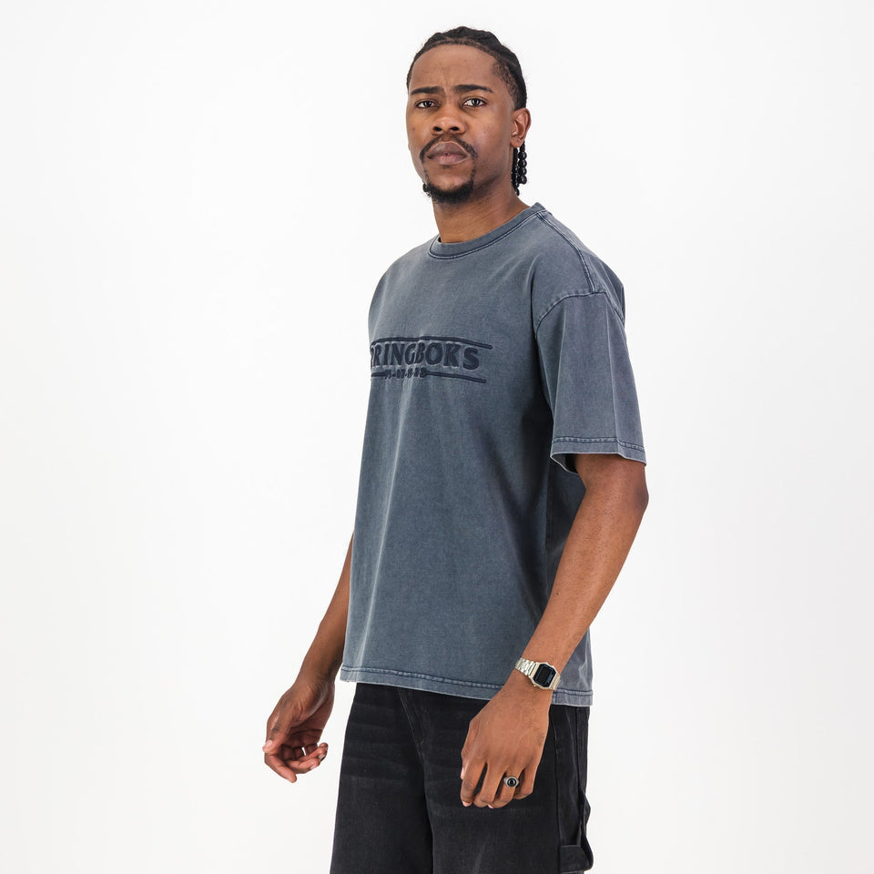 Springboks Four Wins Acid Wash Boxy Crew Tee-Navy