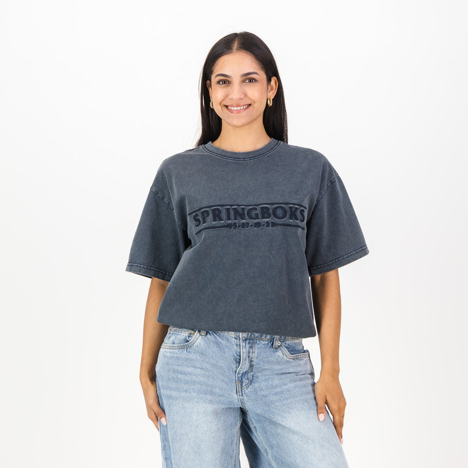 Springboks Four Wins Acid Wash Boxy Crew Tee-Navy